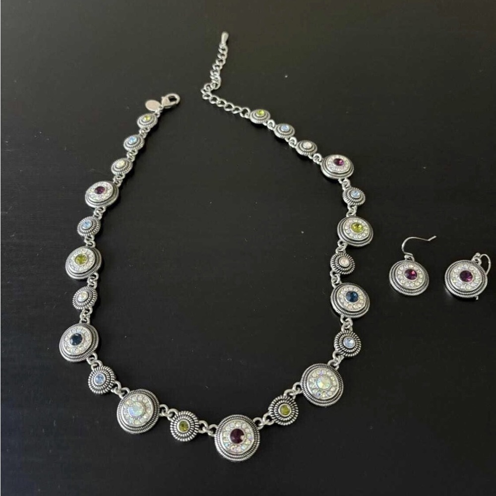 Lia Sophia Chic Silver Necklace and Earring Set with Multicolor Gems